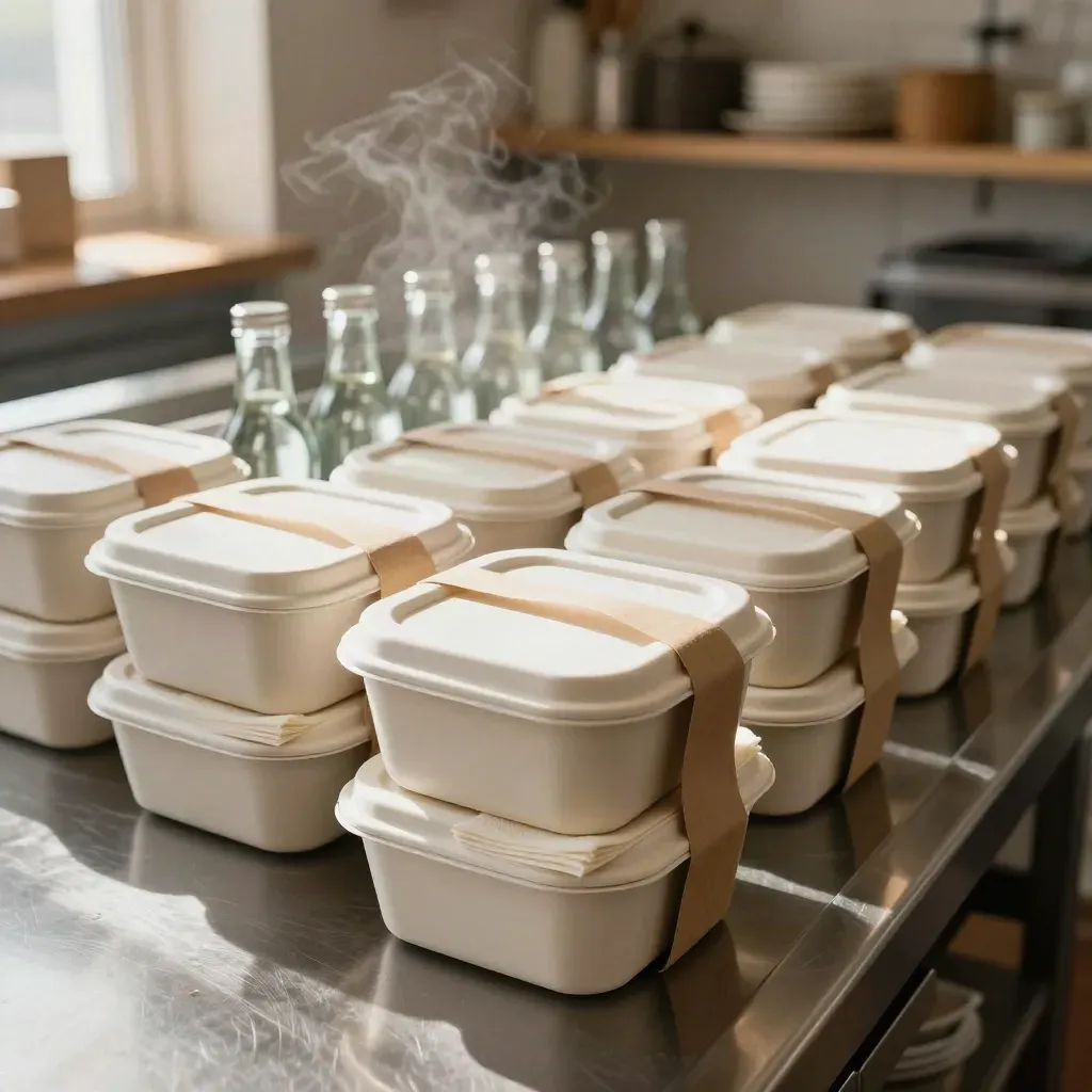 Fila di box pranzo sigillati con tovaglioli crema e bottiglie fredde su piano inox.