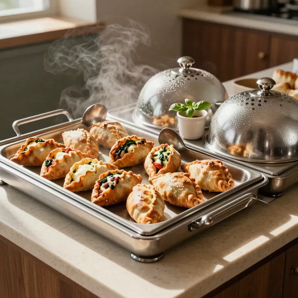Carrello buffet con teglie di panzerotti fumanti, pinze in acciaio e vapore caldo.