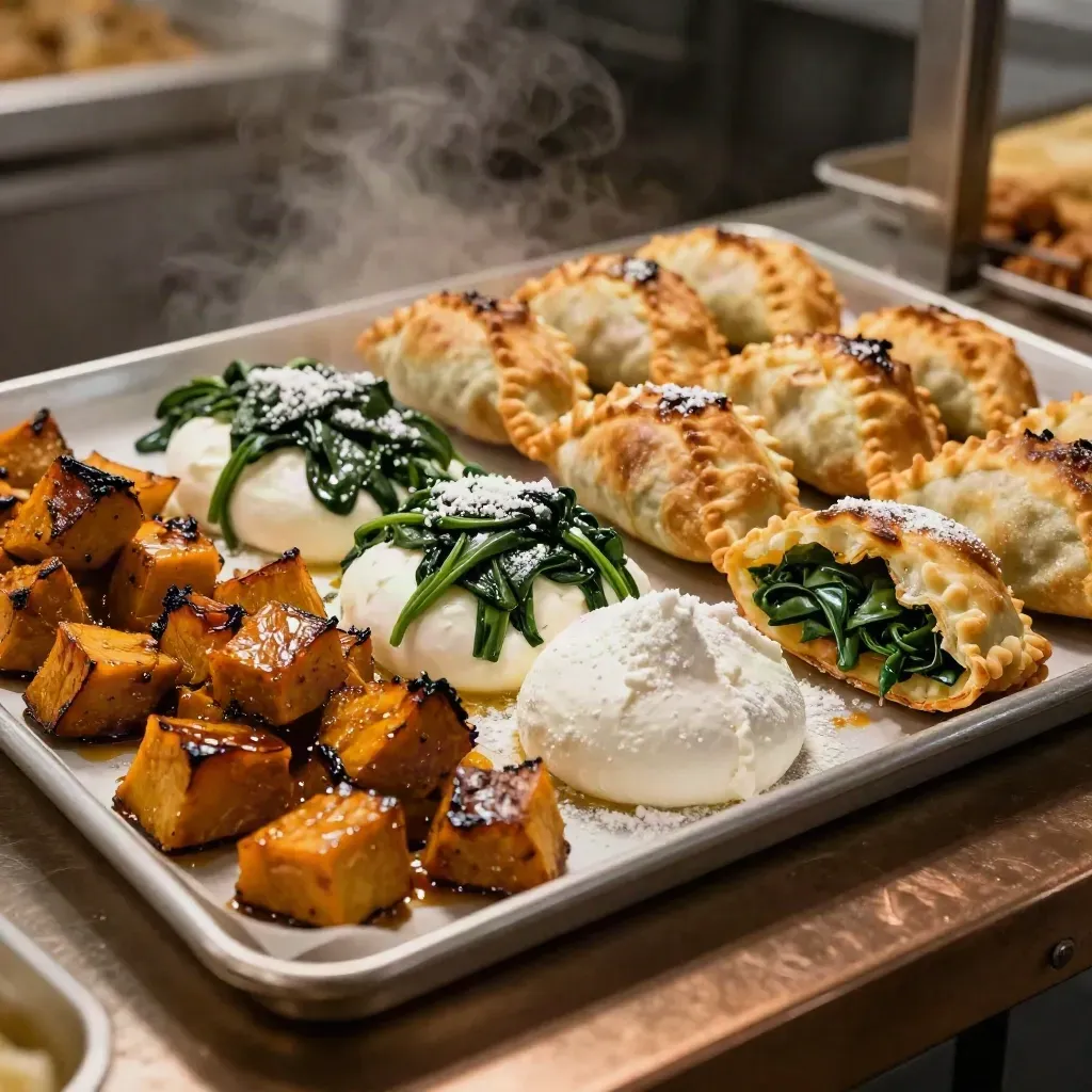 Ripieno di stagione con zucca arrosto, spinaci, ricotta e panzerotti dorati in vassoio