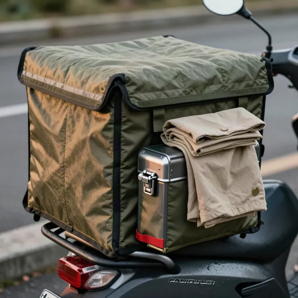 Sacche termiche, box isotermico e chiusura del bauletto scooter su fondo umido