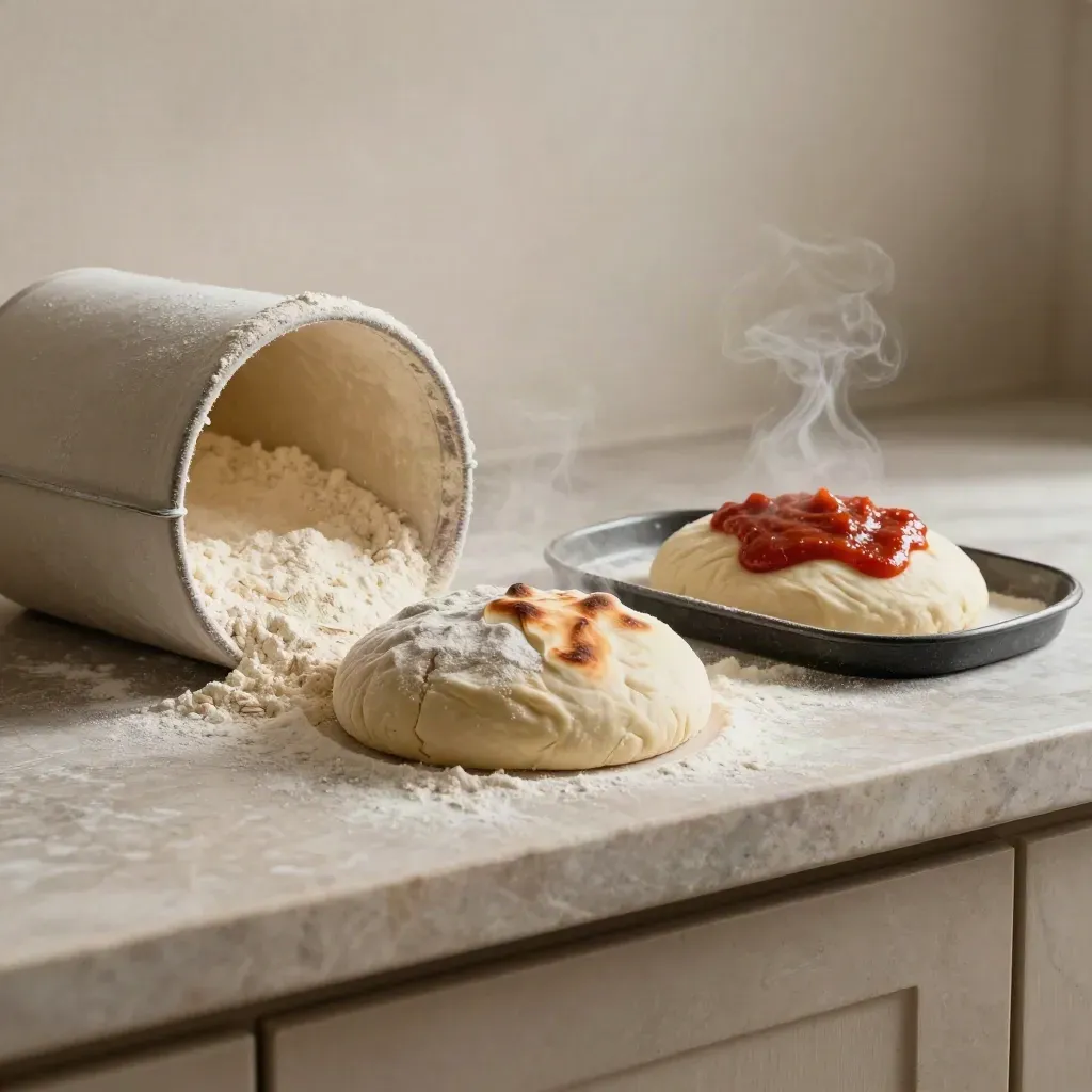 Impasto lievitato, farina e vassoio fumante con salsa di pomodoro su mensola in pietra.