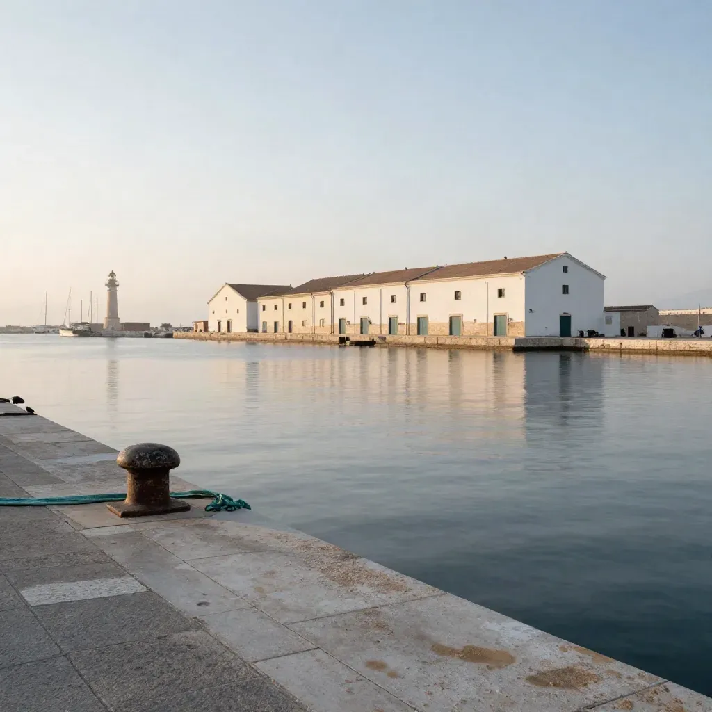 Veduta del porto di Brindisi al crepuscolo con banchina in pietra e faro lontano